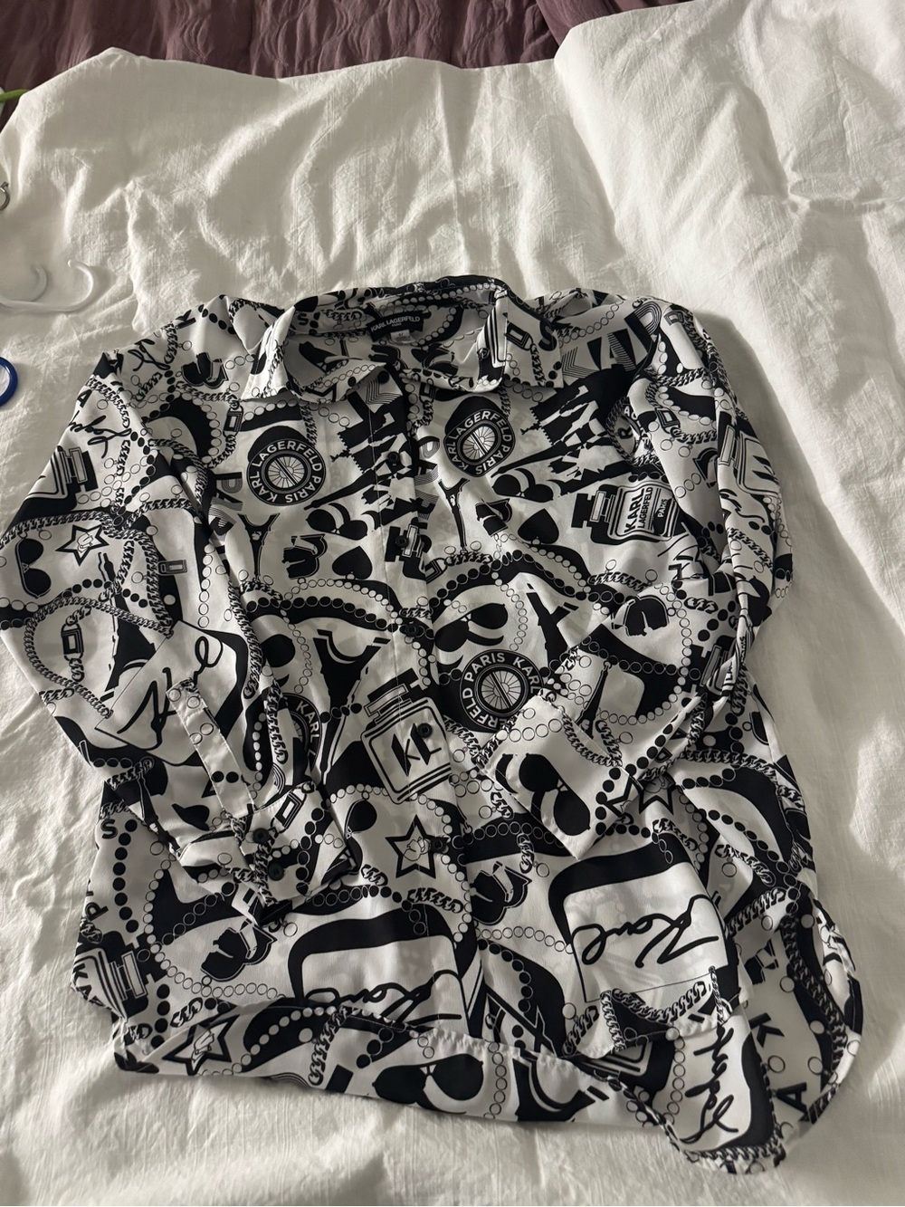 Karl Lagerfeld Black and White Graphic Logo Button-Front Blouse